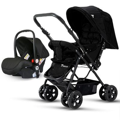 Teknum Reversible Trip Stroller + Infant Car Seat | Excellent Shocker | Forward & Parent Facing | Wide Canopy & Seat | 5 - Point Safety Harness | Reversible Handle | Golden Frame | Cup Holder | Big Basket | Easy To Fold | 6 - 36Months | Black